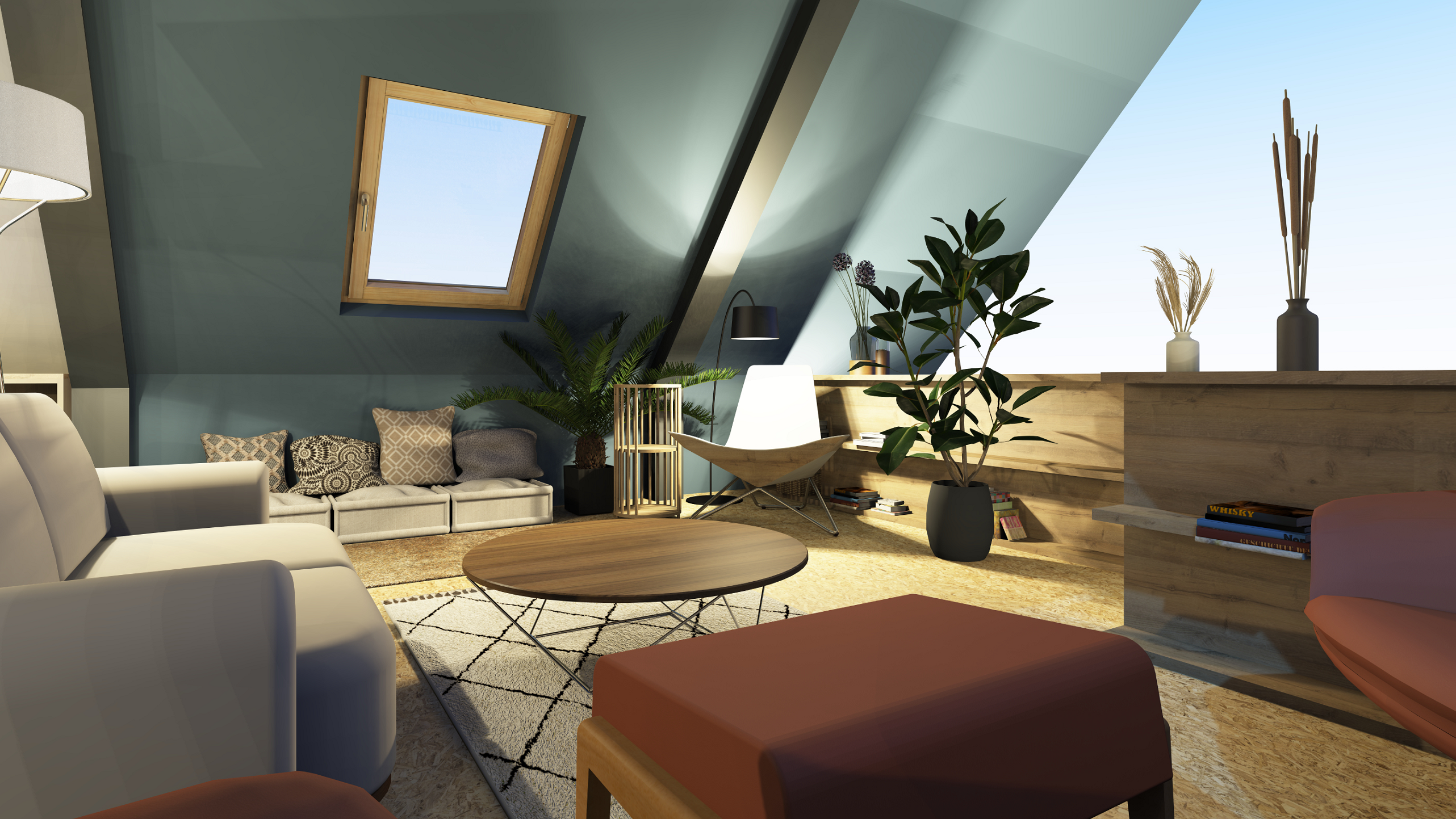 Loungebereich und Wohnzimmer in der Galerie mit beruhigenden Wandfarben und gemütlicher Einrichtung, Innenraumkonzept und Raumgestaltung