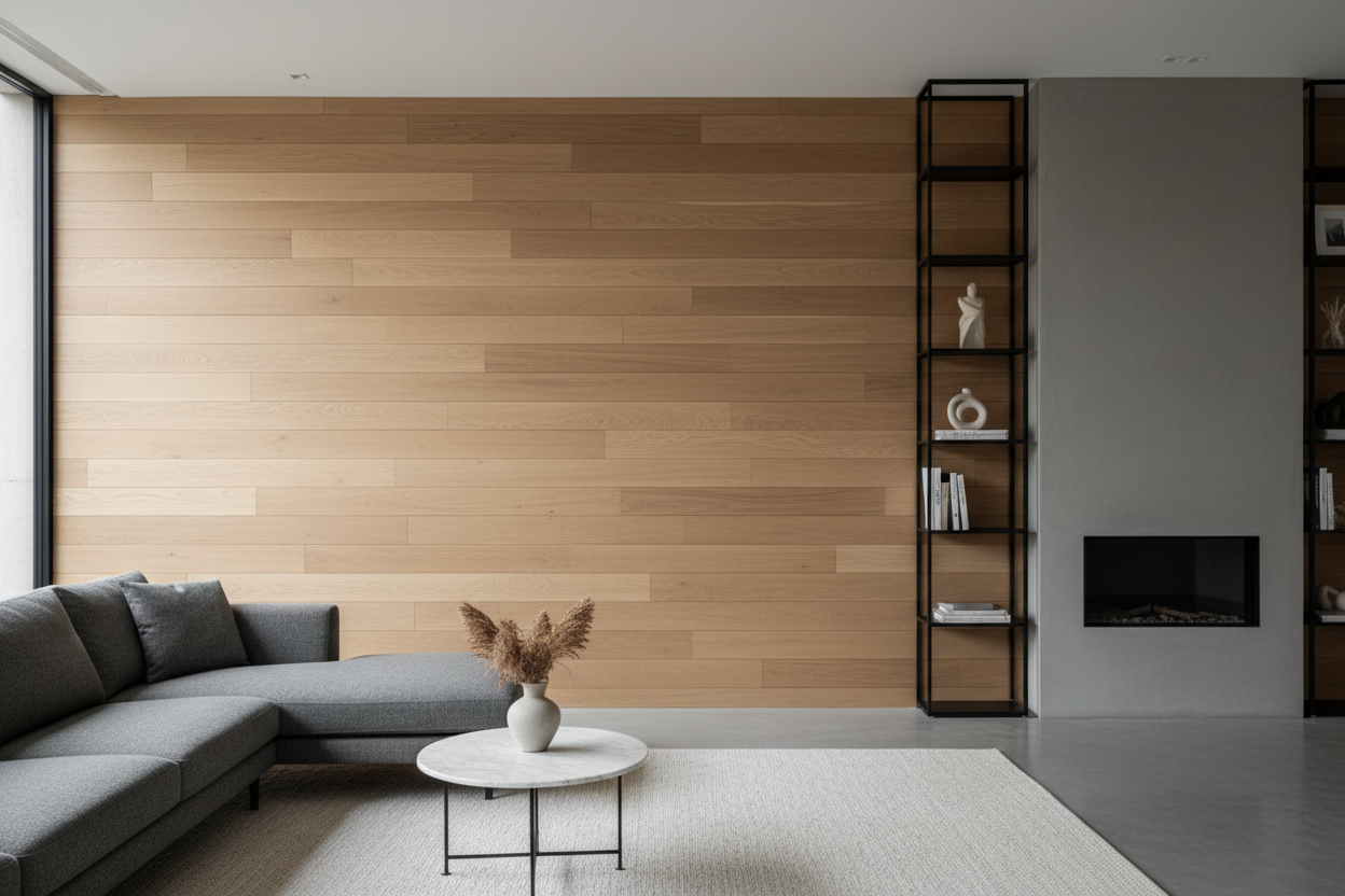 Wandverkleidung aus Holzpaneelen im Wohnzimmer, Inneneinrichtung, Interior Design